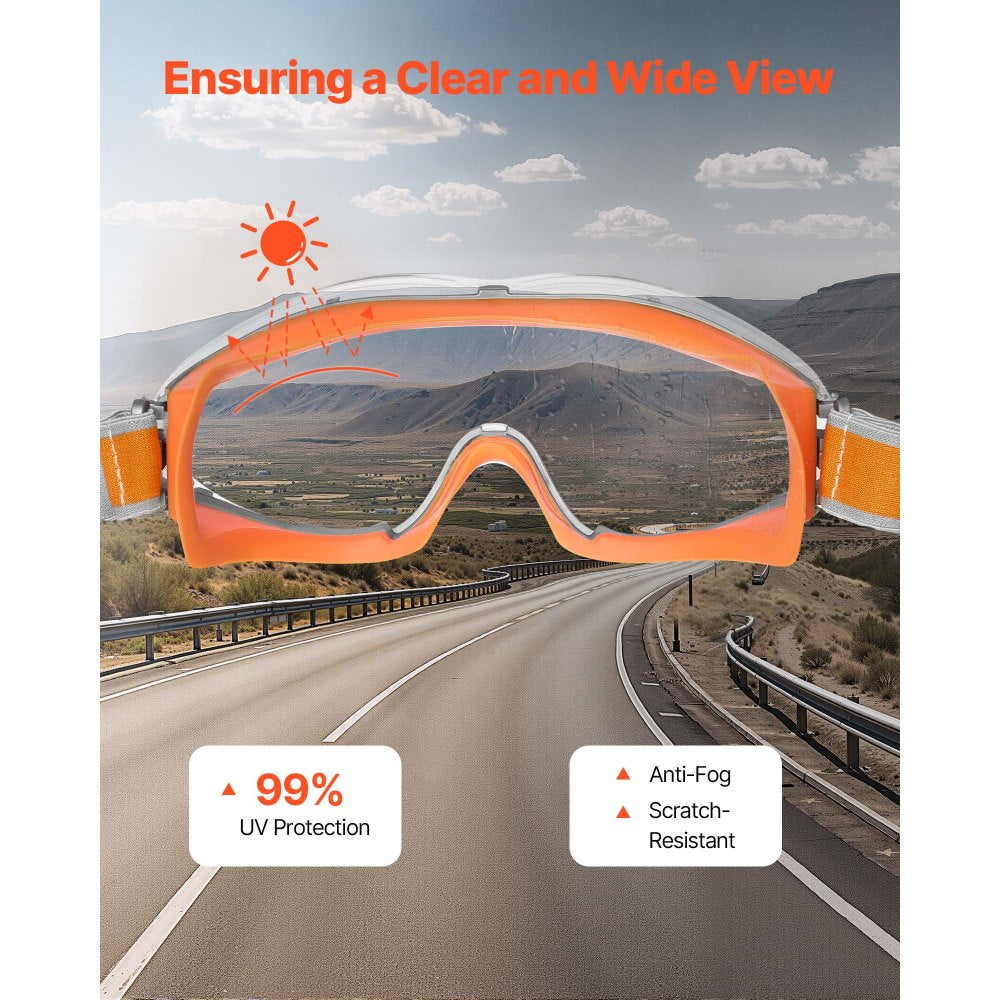 VEVOR Safety Glasses, Anti-Fog and Scratch-Resistant Clear Lens, Over Eyeglasses Safety Goggles with Adjustable Elastic Headband, ANSI Z87.1+ Protective Eye Goggles, for Work, Lab and Construction