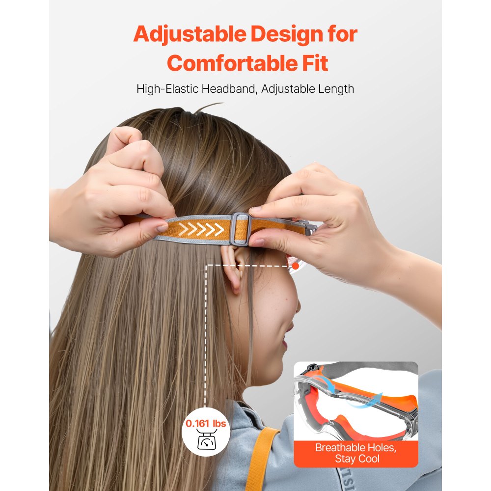 VEVOR Safety Glasses, Anti-Fog and Scratch-Resistant Clear Lens, Over Eyeglasses Safety Goggles with Adjustable Elastic Headband, ANSI Z87.1+ Protective Eye Goggles, for Work, Lab and Construction