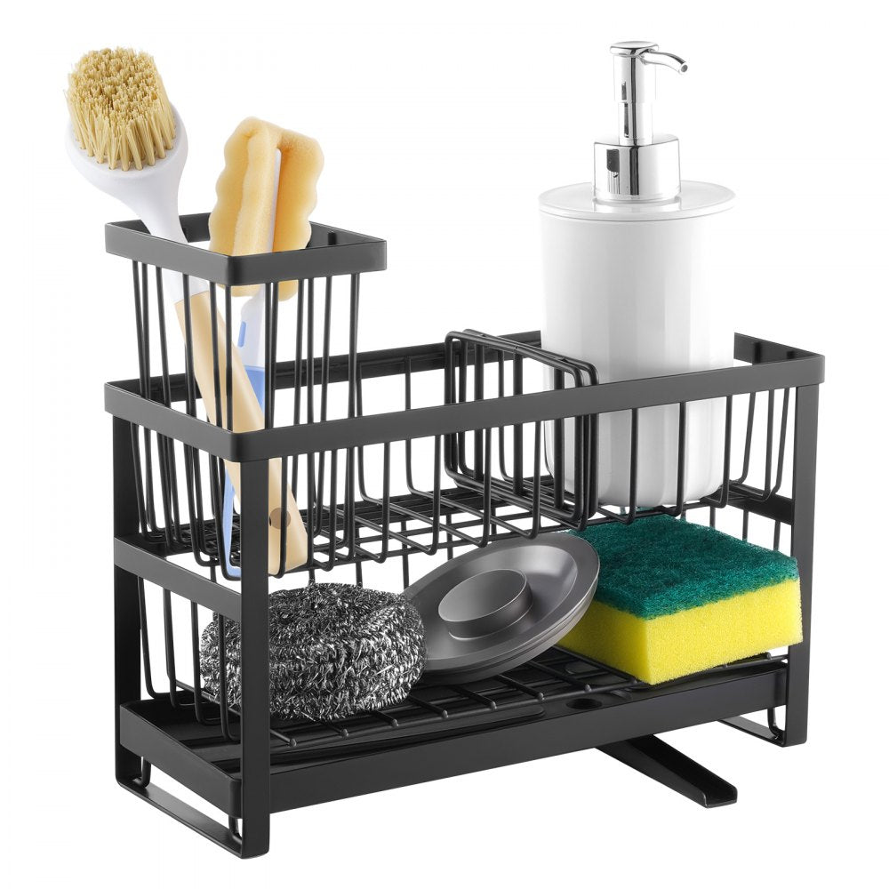 VEVOR Kitchen Sink Caddy Organizer, 2 Tier Sponge Holder for Kitchen Sink with High Brush Holder & Divider, Storage Rack with Rotatable Drainage Spout, Countertop Organizers and Storage Essentials