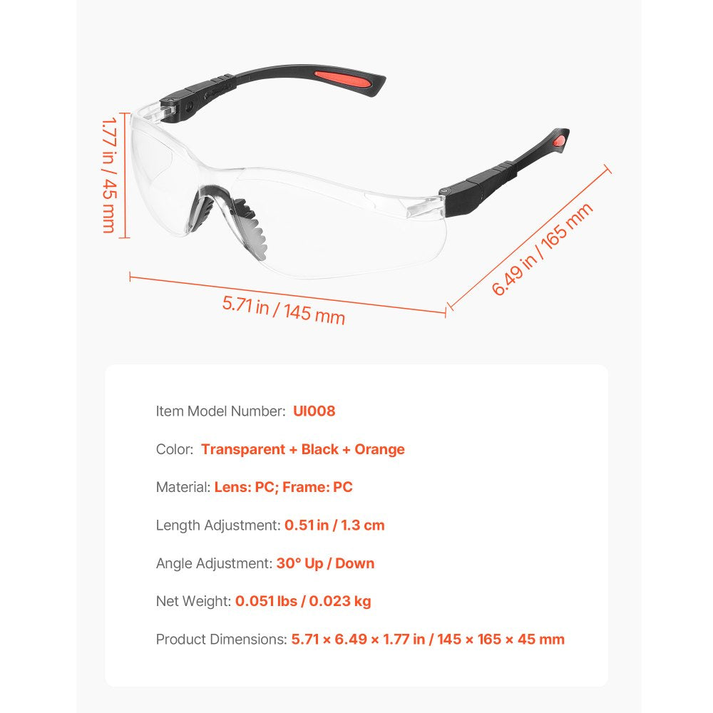 VEVOR Safety Glasses, Anti-Fog and Scratch-Resistant Clear Lens, Safety Goggles with Adjustable Length and Angle, ANSI Z87.1+ Impact-Resistant Protective Eye Goggles, for Work, Lab & Construction