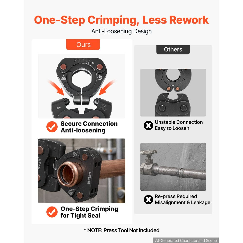 VEVOR 7PCS VUS Pressing Kit with 4 Press Jaws, 2 Press Rings & 1 Actuator, Fits 1/2" to 2" Copper Pipes, Compatible with ProPress, Work with 32KN Standard & Extended Press Tools for 180°  Operation