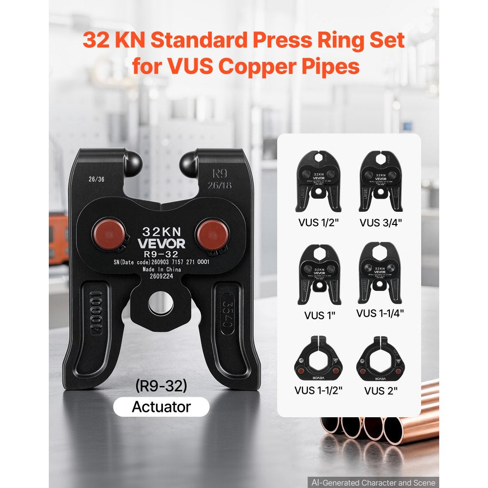 VEVOR 7PCS VUS Pressing Kit with 4 Press Jaws, 2 Press Rings & 1 Actuator, Fits 1/2" to 2" Copper Pipes, Compatible with ProPress, Work with 32KN Standard & Extended Press Tools for 180°  Operation