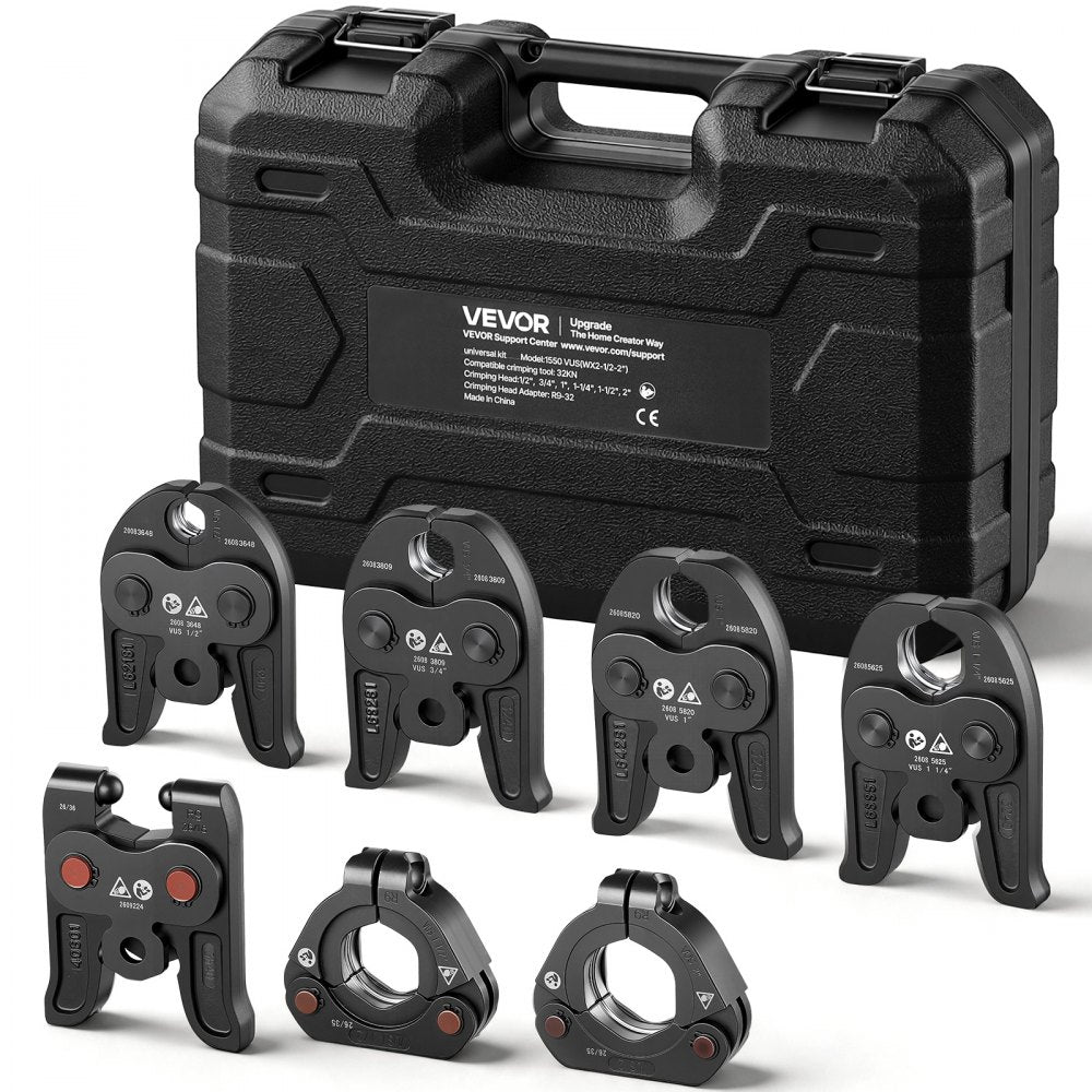 VEVOR 7PCS VUS Pressing Kit with 4 Press Jaws, 2 Press Rings & 1 Actuator, Fits 1/2" to 2" Copper Pipes, Compatible with ProPress, Work with 32KN Standard & Extended Press Tools for 180°  Operation