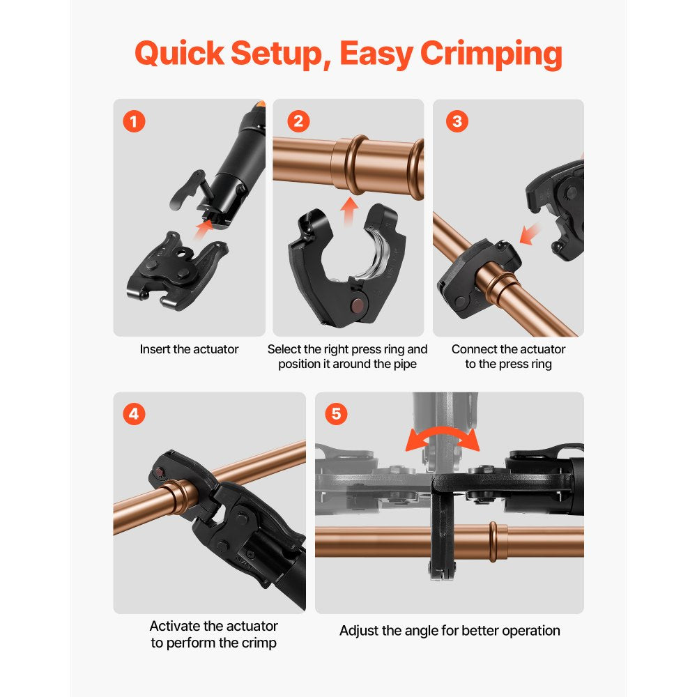 VEVOR 5PCS VUS Pressing Kit, 4PCS Press Rings (1/2", 3/4", 1", 1-1/4") & R8 Actuator - Compatible with ProPress Copper Pipes, Work with 24KN Compact Press Tools for 180° Operation