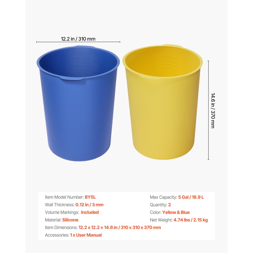 VEVOR 2 Pcs 5 Gallon Bucket Liner for Concrete Mix, Reusable Silicone Mortar Bucket Liner for Thinset Paint Concrete Epoxy Mixing, Heavy-duty Grout Mixer Insert with Measurements, Blue & Yellow