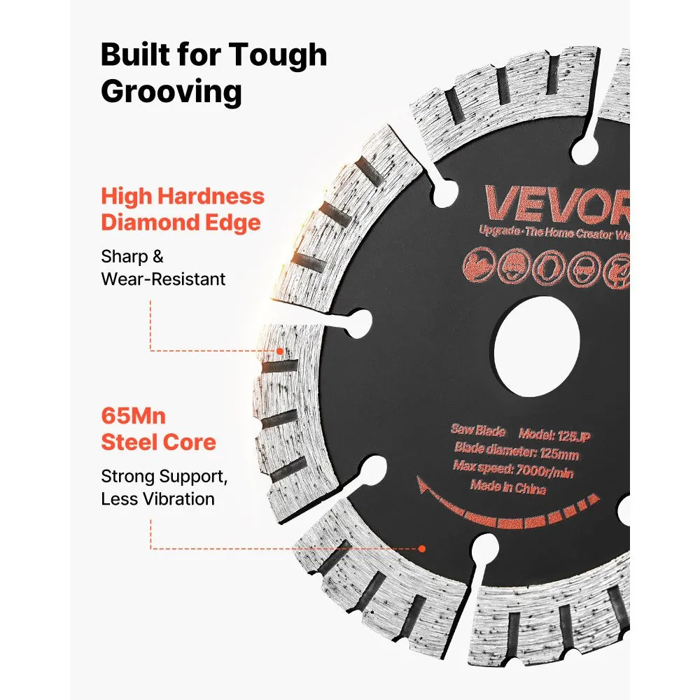 VEVOR Diamond Blades 5 inch, 5-Pack Wall Chaser Saw Blade Cutting Blade, 0.79 in Arbor, High-Hardness Diamond Segments, 65Mn Steel Core, Dry Wet Cutting, Clean Edges for Concrete Brick Stone Cement