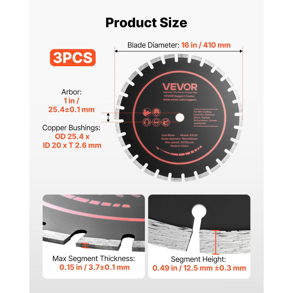 VEVOR Diamond Blades 16 inch, 3-Pack Concrete Saw Blade Set, 1 in Arbor, High-Hardness Diamond Segments, 65Mn Steel Core, Dry Wet Cutting, Clean Edges for Concrete, Masonry, Brick, Stone, Granite