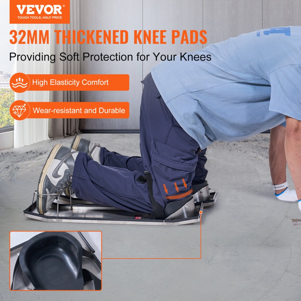 VEVOR Concrete Knee Boards Stainless Steel, 28'' x 8'' Concrete Sliders, Knee Boards For Concrete, Concrete Knee Pads Moving Sliders, with Knee Pads & Board Straps for Cement and Concrete Finishing