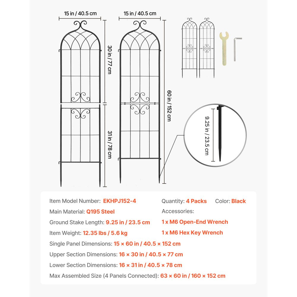 VEVOR Garden Trellis, 60 x 15 inch Rose Trellis, 4 Packs Garden Flower Rose Trellises with Powder-Coated Finish & Convenient Locking Design, Plant Support Trellises for Flowers, Vegetables, Roses