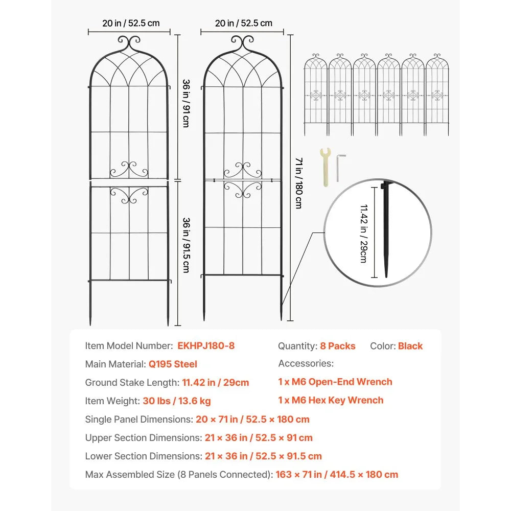 VEVOR Garden Trellis, 71 x 20 inch Rose Trellis, 8 Packs Garden Flower Rose Trellises with Powder-Coated Finish & Convenient Locking Design, Plant Support Trellises for Flowers, Vegetables, Roses