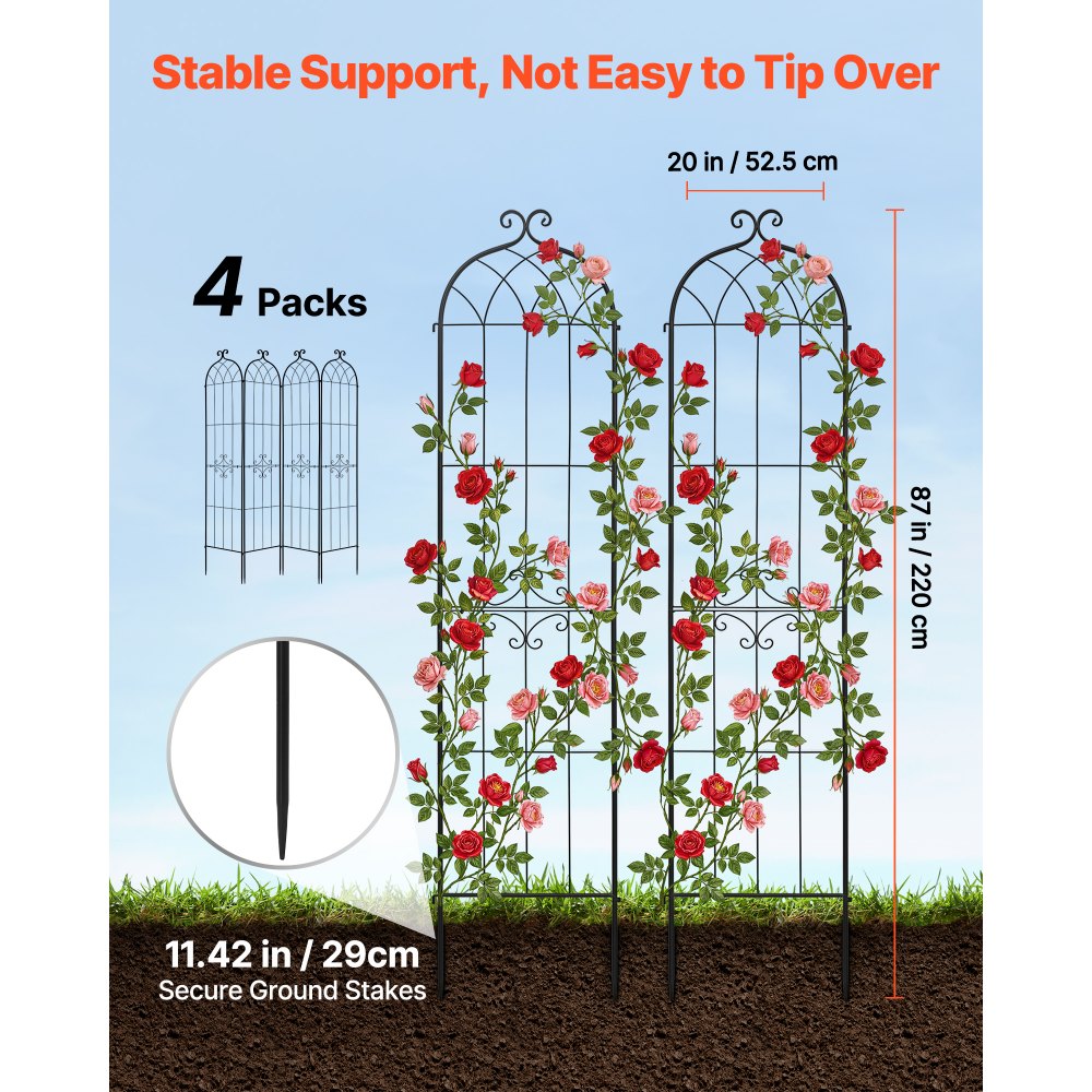 VEVOR Garden Trellis, 87 x 20 inch Rose Trellis, 4 Packs Garden Flower Rose Trellises with Powder-Coated Finish & Convenient Locking Design, Plant Support Trellises for Flowers, Vegetables, Roses