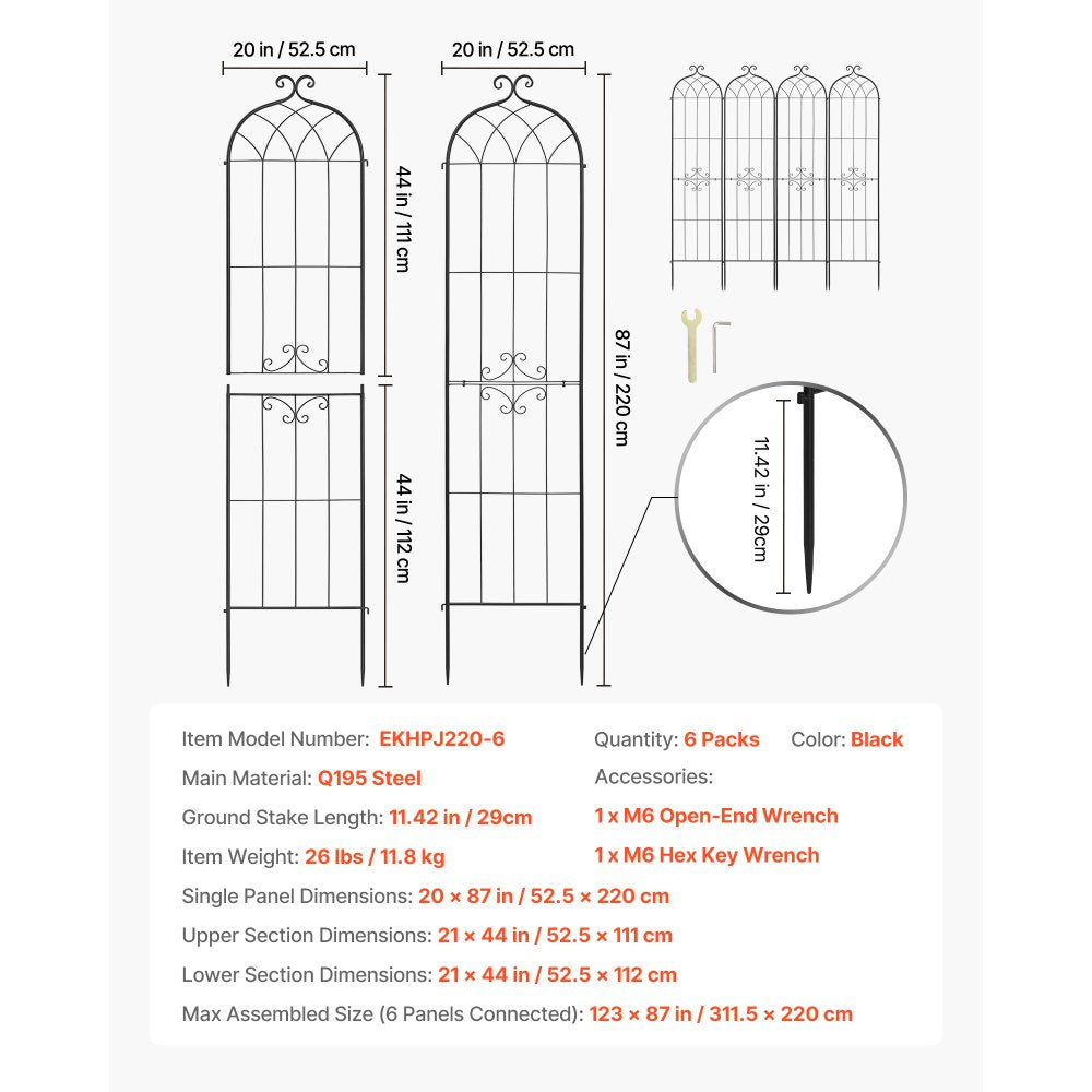 VEVOR Garden Trellis, 87 x 20 inch Rose Trellis, 6 Packs Garden Flower Rose Trellises with Powder-Coated Finish & Convenient Locking Design, Plant Support Trellises for Flowers, Vegetables, Roses