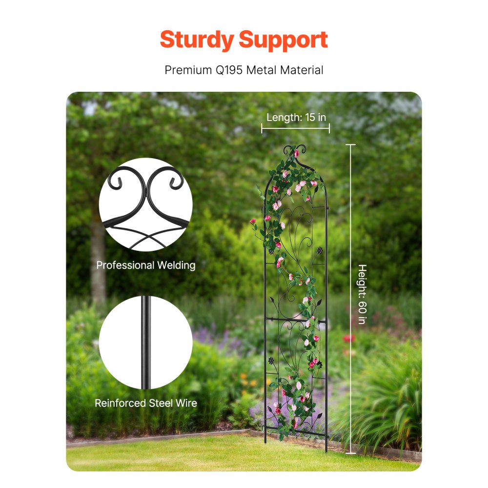VEVOR Garden Trellis for Climbing Plants, 60 x 15 in, Rustproof Metal Garden Flower Trellis, Outdoor Climbing Rose Trellis Cucumbers Support, Decorative Tall Clematis Trellis for Courtyards Lawns