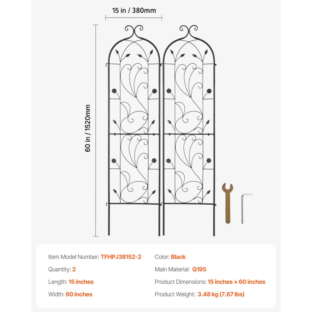 VEVOR Garden Trellis for Climbing Plants, 60 x 15 in, 2 Packs Rustproof Metal Garden Flower Trellis, Outdoor Climbing Rose Trellis Cucumbers Support, Decorative Clematis Trellis for Courtyards Lawns