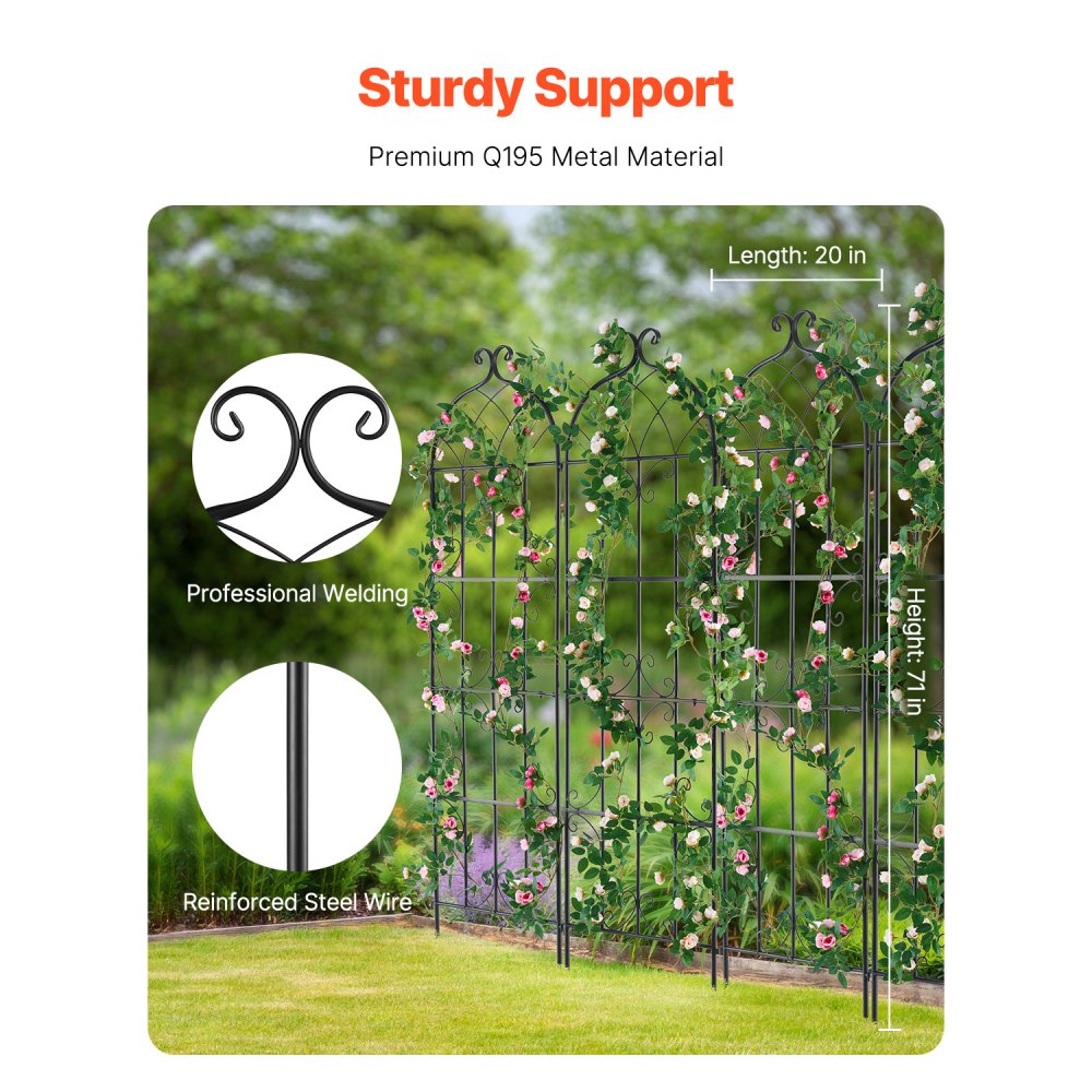 VEVOR Garden Trellis for Climbing Plants, 71 x 20 in, 4 Packs Rustproof Metal Garden Flower Trellis, Outdoor Climbing Rose Trellis Cucumbers Support, Decorative Clematis Trellis for Courtyards Lawns