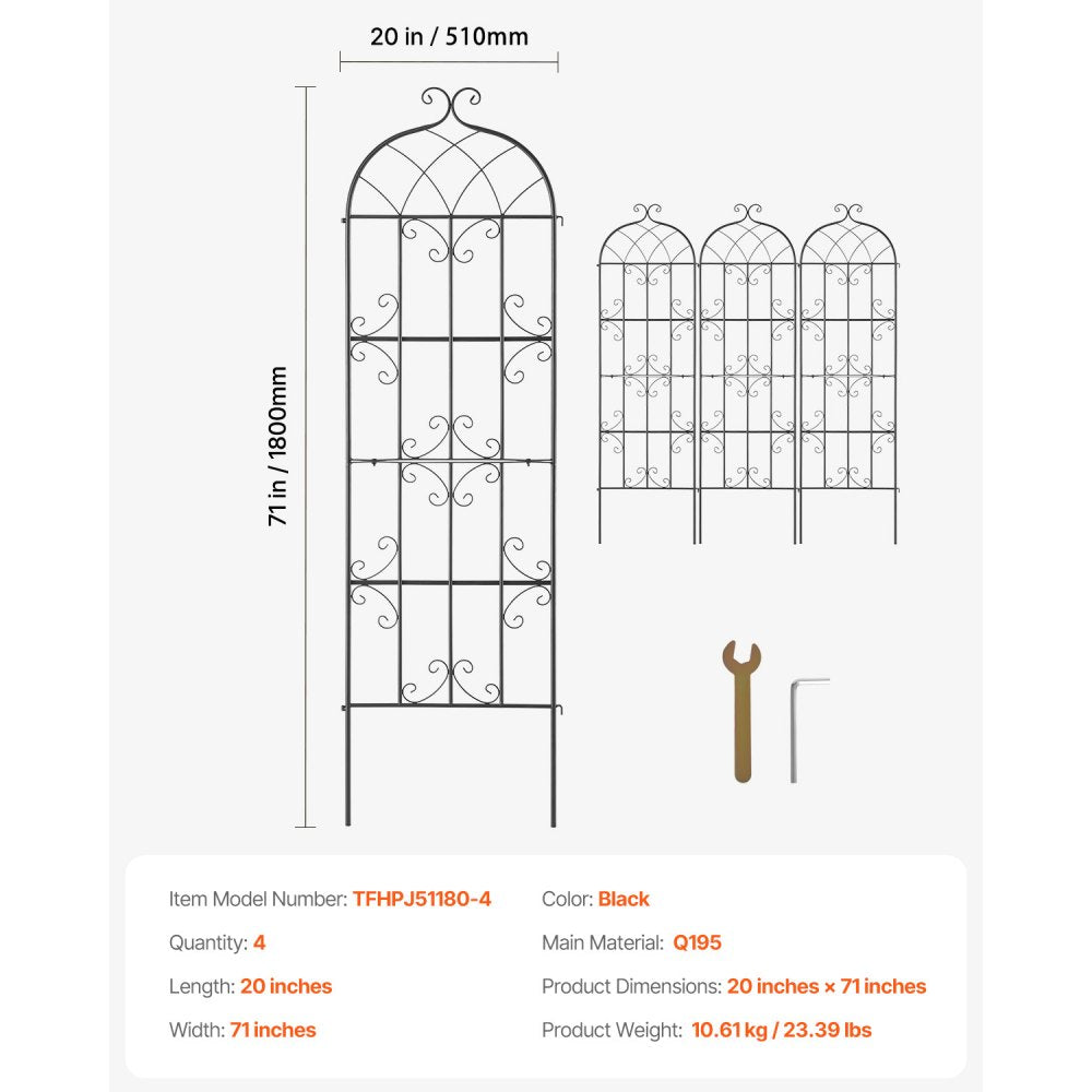VEVOR Garden Trellis for Climbing Plants, 71 x 20 in, 4 Packs Rustproof Metal Garden Flower Trellis, Outdoor Climbing Rose Trellis Cucumbers Support, Decorative Clematis Trellis for Courtyards Lawns