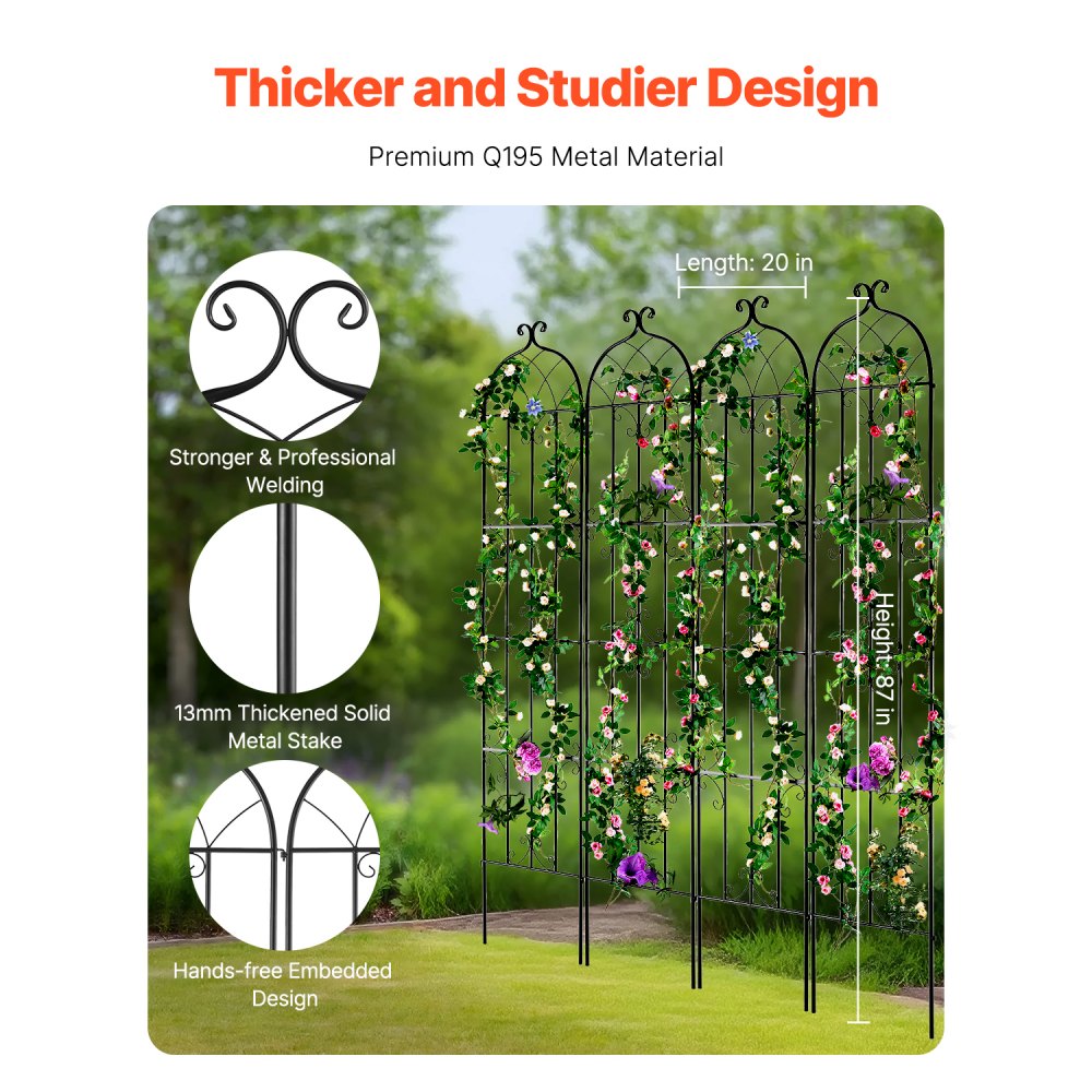 VEVOR Garden Trellis for Climbing Plants, 87 x 20 in, 4 Packs Rustproof Metal Garden Flower Trellis, Outdoor Climbing Rose Trellis Cucumbers Support, Decorative Clematis Trellis for Courtyards Lawns