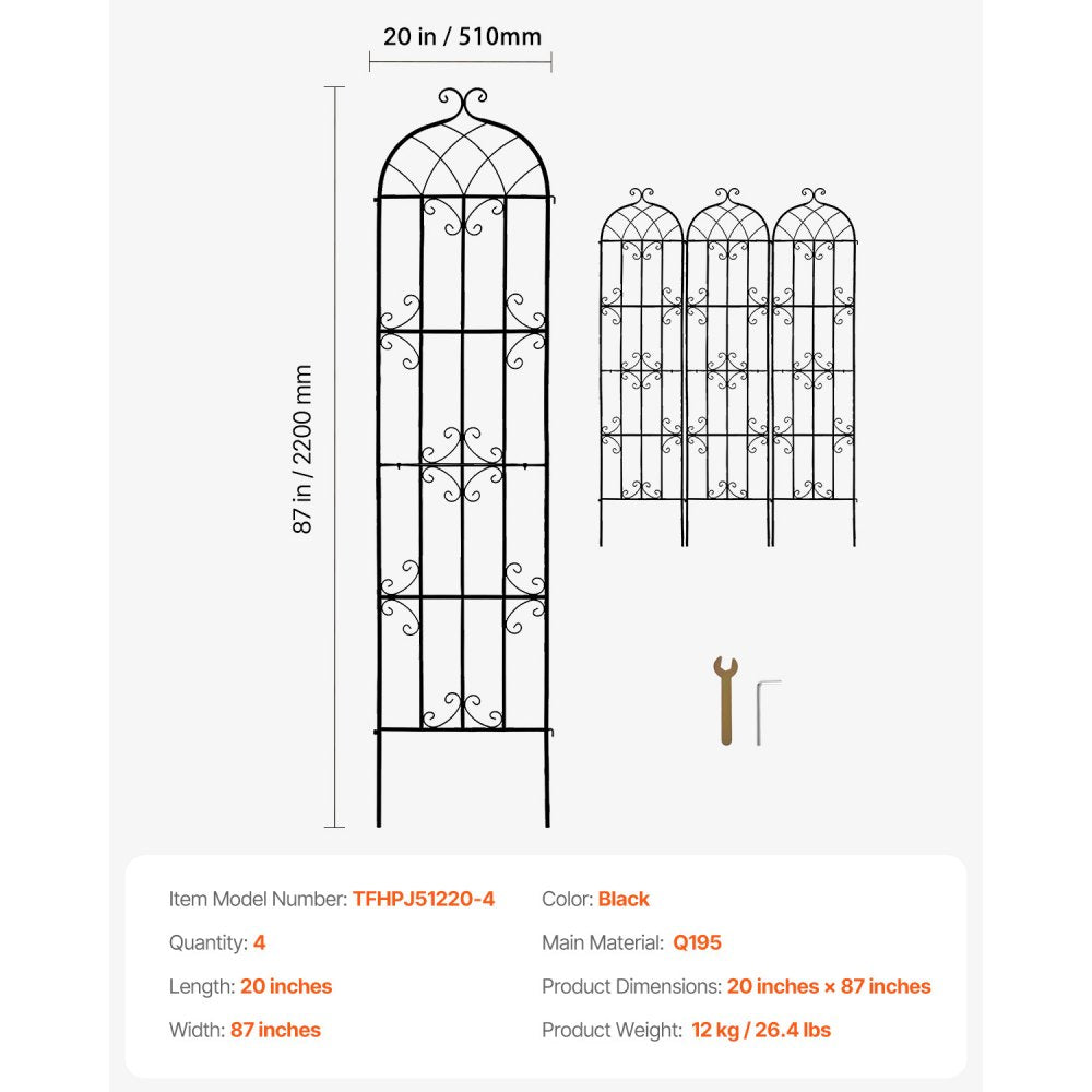 VEVOR Garden Trellis for Climbing Plants, 87 x 20 in, 4 Packs Rustproof Metal Garden Flower Trellis, Outdoor Climbing Rose Trellis Cucumbers Support, Decorative Clematis Trellis for Courtyards Lawns