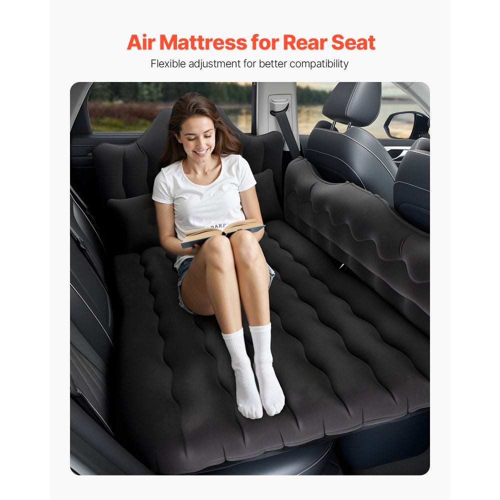 VEVOR Car Air Mattress, Inflatable Back Seat Car Camping Mattress, Flocking Travel Beds, Durable Portable Sleeping Pad with Air Pump, 2 Pillows, Nozzle, Carry Bag, Fits Most SUV MPV Sedan, Black