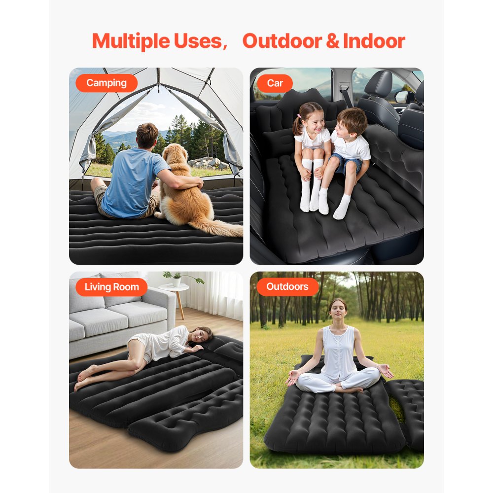 VEVOR Car Air Mattress, Inflatable Back Seat Car Camping Mattress, Flocking Travel Beds, Durable Portable Sleeping Pad with Air Pump, 2 Pillows, Nozzle, Carry Bag, Fits Most SUV MPV Sedan, Black