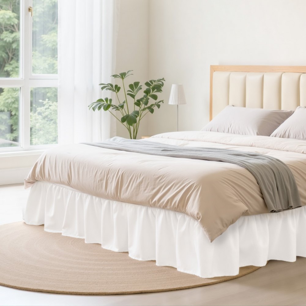 VEVOR Wrap Around Bed Skirt, 15 in Drop, White Dust Ruffle Queen Size, Three Sides Adjustable Bedskirt with Easy Fit Elastic Strap, Wrinkle-Free & Fade-Resistant, Machine Washable, for Queen Size Bed