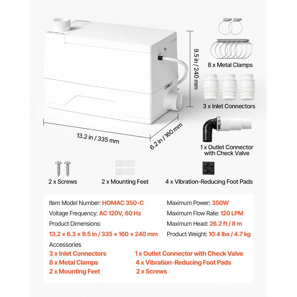 VEVOR Utility Sink Pump 350W 7200L/h Flow 26.2 ft / 8 m Head Drain Pump, Waste Water Disposal Machine with 3 Inlets, Portable & Powerful Performance, for Basement, Kitchen, Sink, Shower, Gray Water