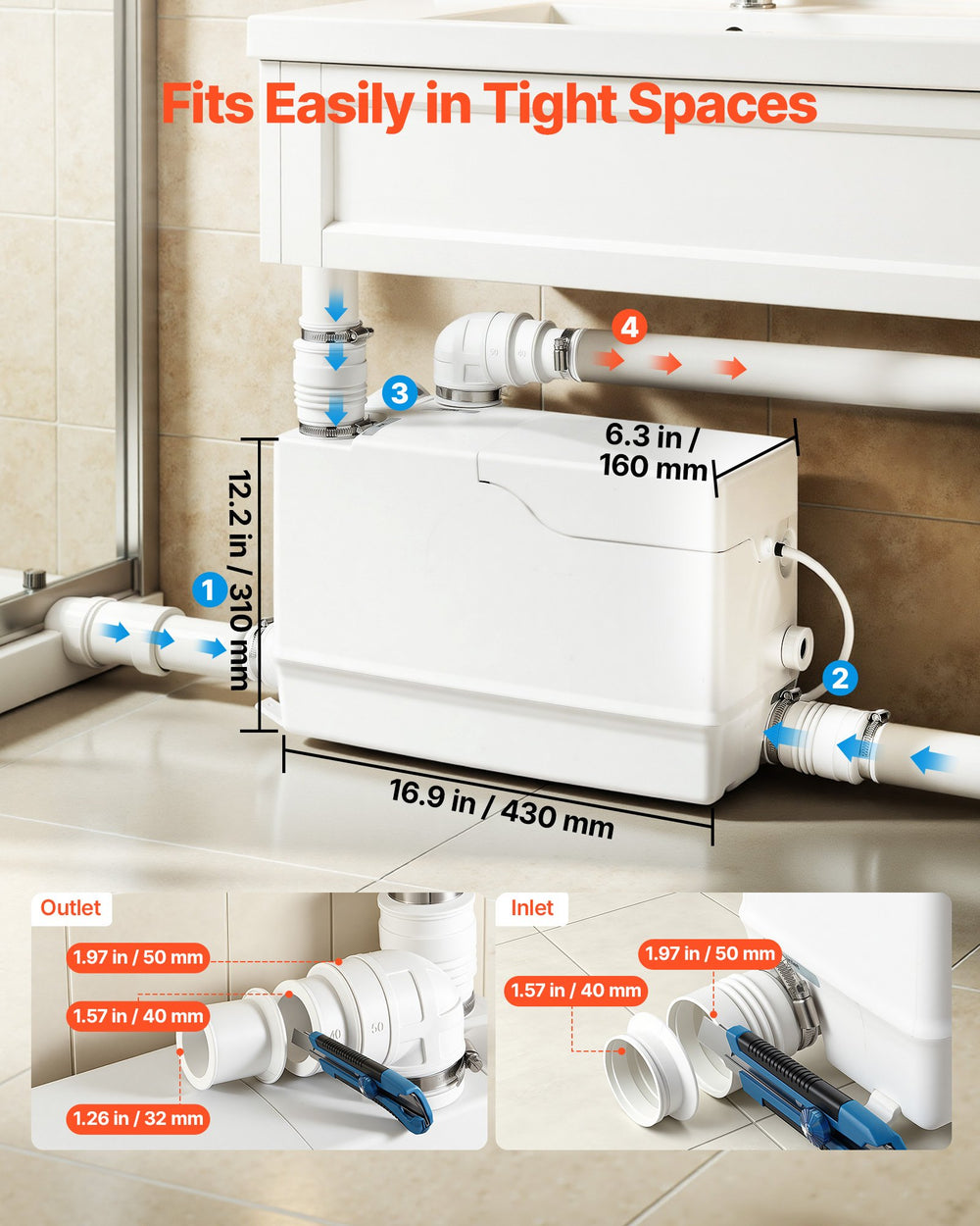 VEVOR Utility Sink Pump 800W 12000L/h Flow 32.8 ft/10 m Head Macerator Pump, Waste Water Disposal Macerating Machine with 3 Inlets, for Basement, Kitchen, Sink, Shower, Bathtub, Laundry Gray Water