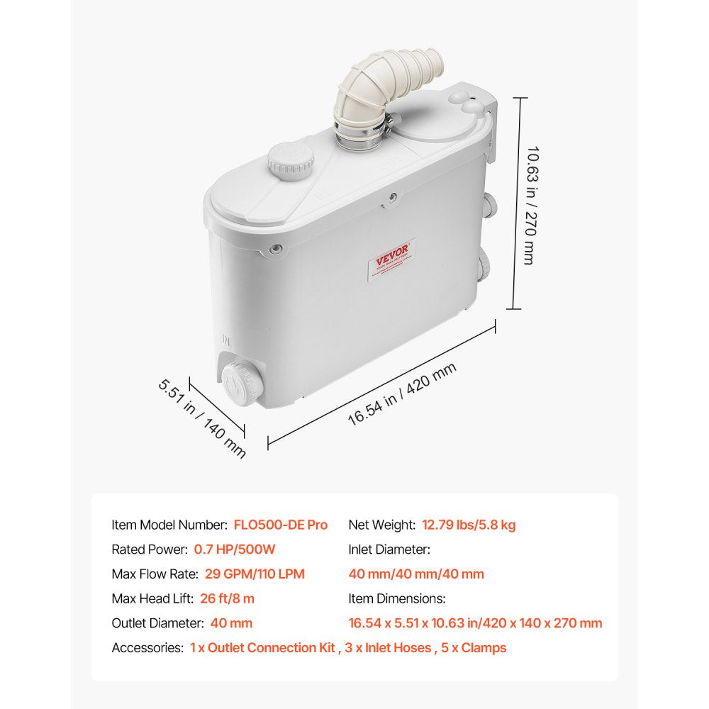 VEVOR Macerator Pump, 500W, 29 GPM Flow, 26 ft/8 m Head, Macerator Sewerage Toilet Pump with 4 Water Inlets, Waste Water Disposal Upflush Machine for Kitchen, Basement, Shower, Sink, Laundry, Bathtub
