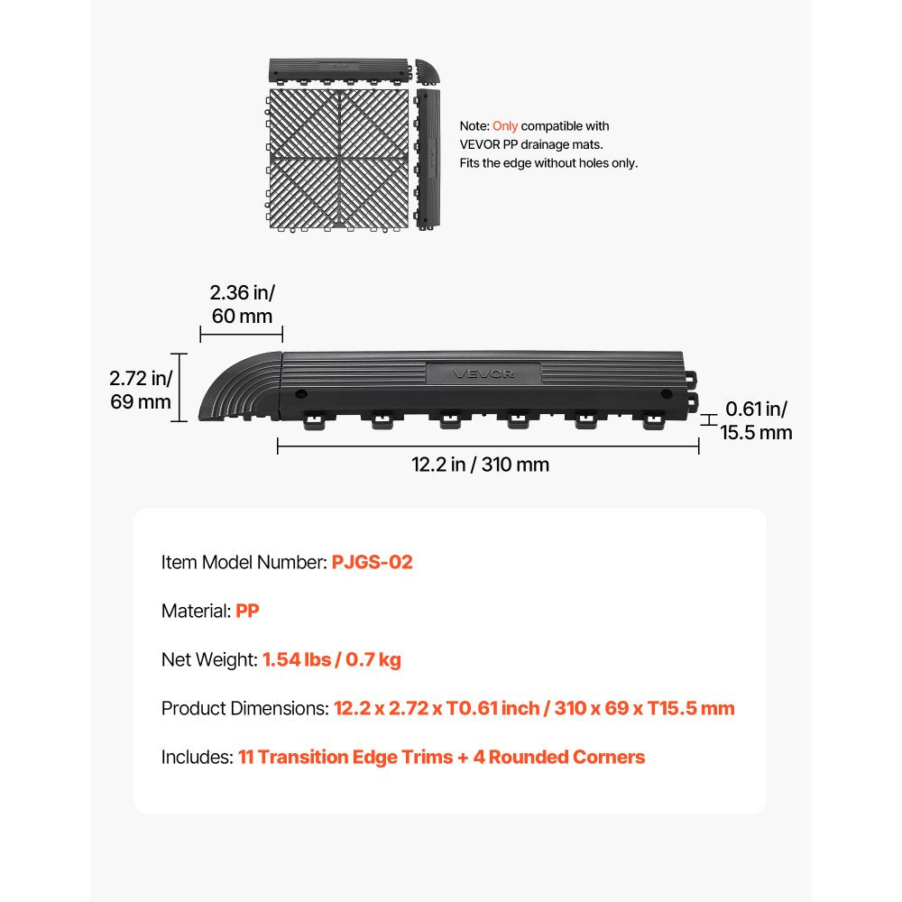 VEVOR Transition Edge Kit, 11-Piece, Durable PP Interlocking Modular Garage Floor Edging, Easy Installation, Edge Protection for Wet Area Restaurant, Only Compatible with VEVOR Drainage Mats, Black
