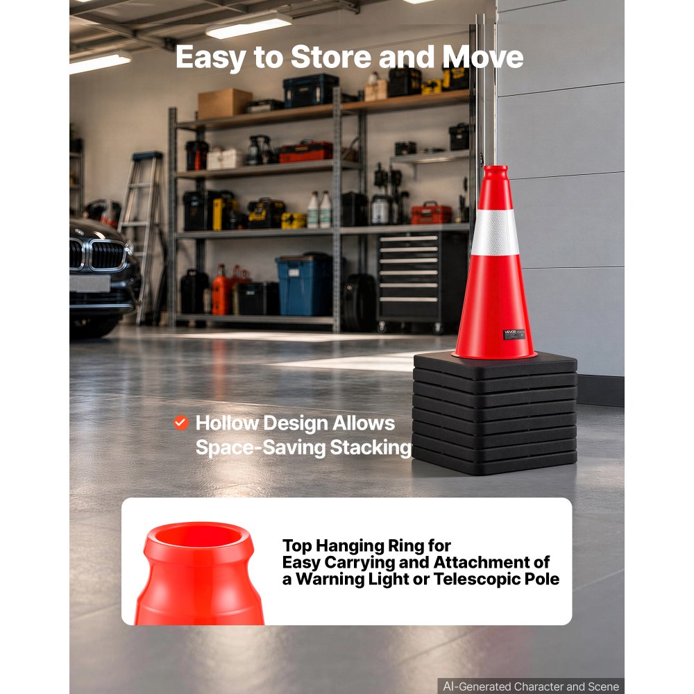 VEVOR Traffic Safety Cones 8 Pack 18 Inch Flexible PVC Orange Traffic Cones, For Parking Lots and Home Use, with Weighted Black Base, Reflective Collar Visible at Night, Heavy Duty Design, Easy Storage