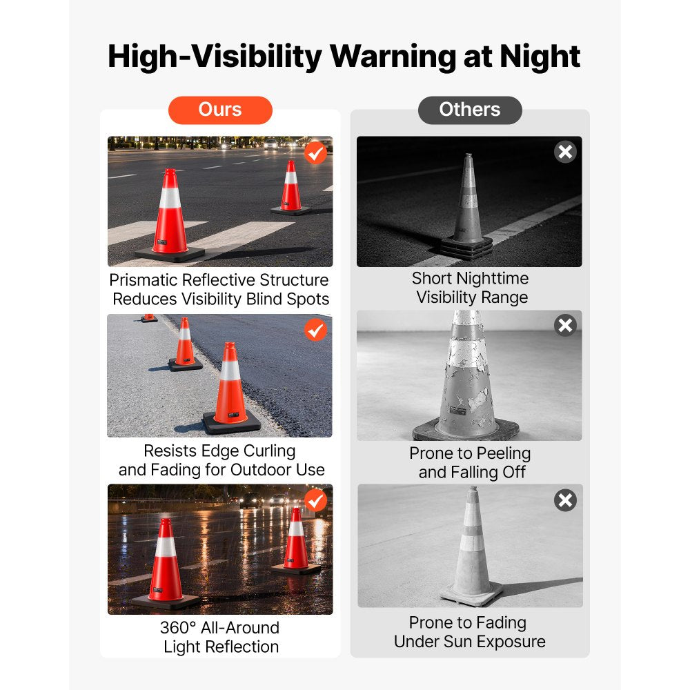 VEVOR Traffic Safety Cones 12 Pack 18 Inch Flexible PVC Orange Traffic Cone, For Parking Lots and Home Use, with Weighted Black Base, Reflective Collar Visible at Night, Heavy Duty Design, Easy Storage