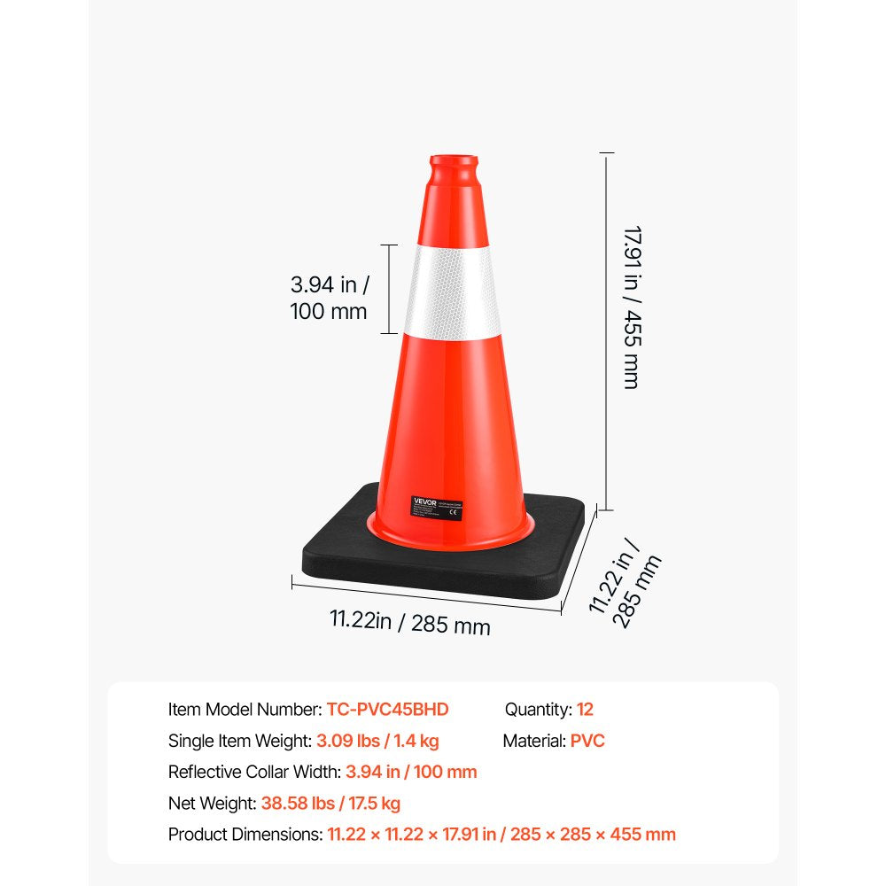 VEVOR Traffic Safety Cones 12 Pack 18 Inch Flexible PVC Orange Traffic Cone, For Parking Lots and Home Use, with Weighted Black Base, Reflective Collar Visible at Night, Heavy Duty Design, Easy Storage