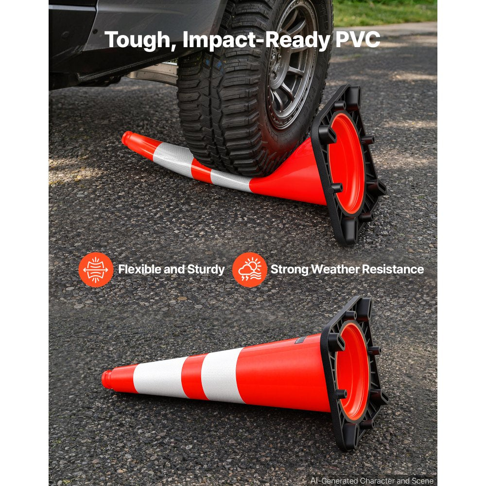 VEVOR Traffic Safety Cones 12 Pack 28 Inch Flexible PVC Orange Traffic Cone, For Accident or Construction Warning, with Weighted Black Base, Reflective Collar Visible at Night, Heavy Duty, Easy Storage