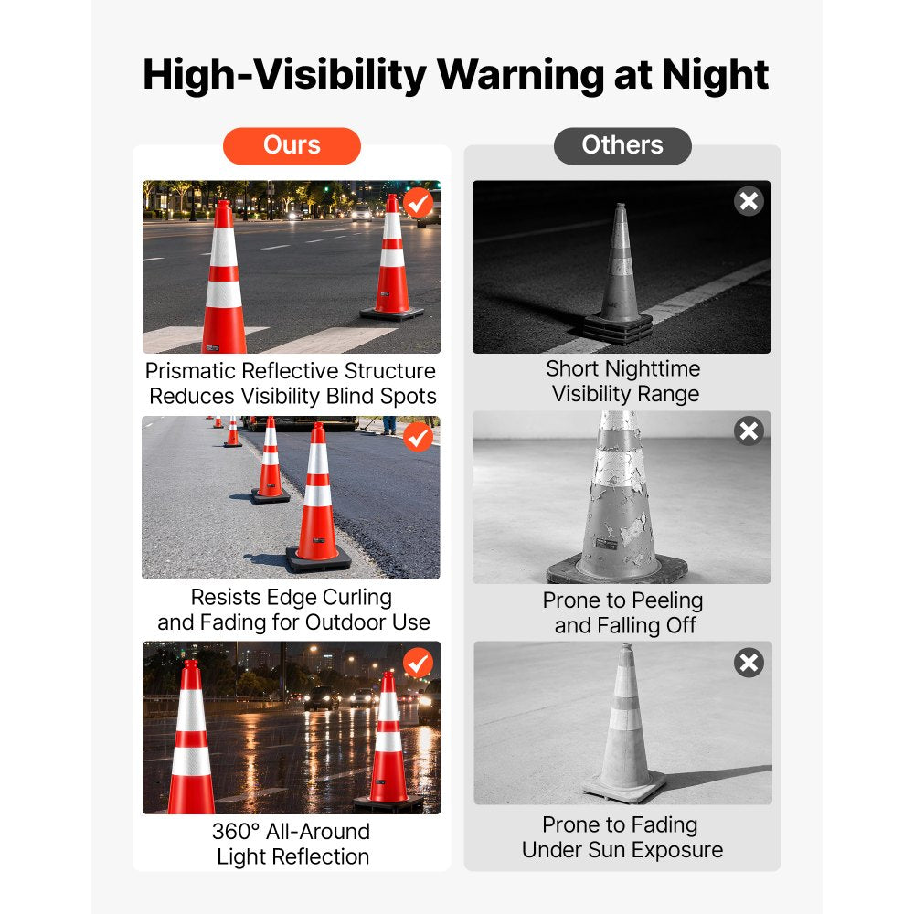VEVOR Traffic Safety Cones 6 Pack 28 Inch Flexible PVC Orange Traffic Cones, For Accident or Construction Warning, with Weighted Black Base, Reflective Collar Visible at Night, Heavy Duty, Easy Storage