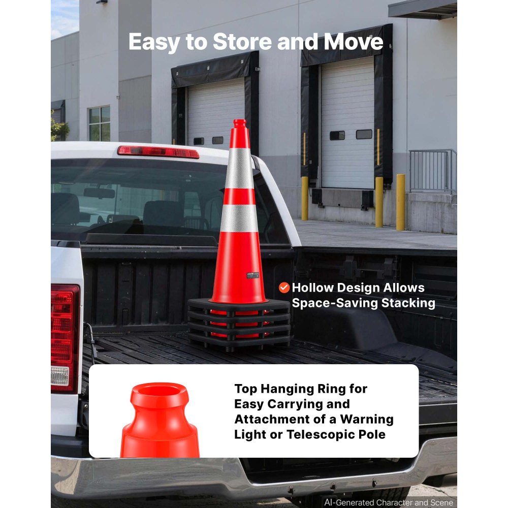 VEVOR Traffic Safety Cones 6 Pack 28 Inch Flexible PVC Orange Traffic Cones, For Accident or Construction Warning, with Weighted Black Base, Reflective Collar Visible at Night, Heavy Duty, Easy Storage