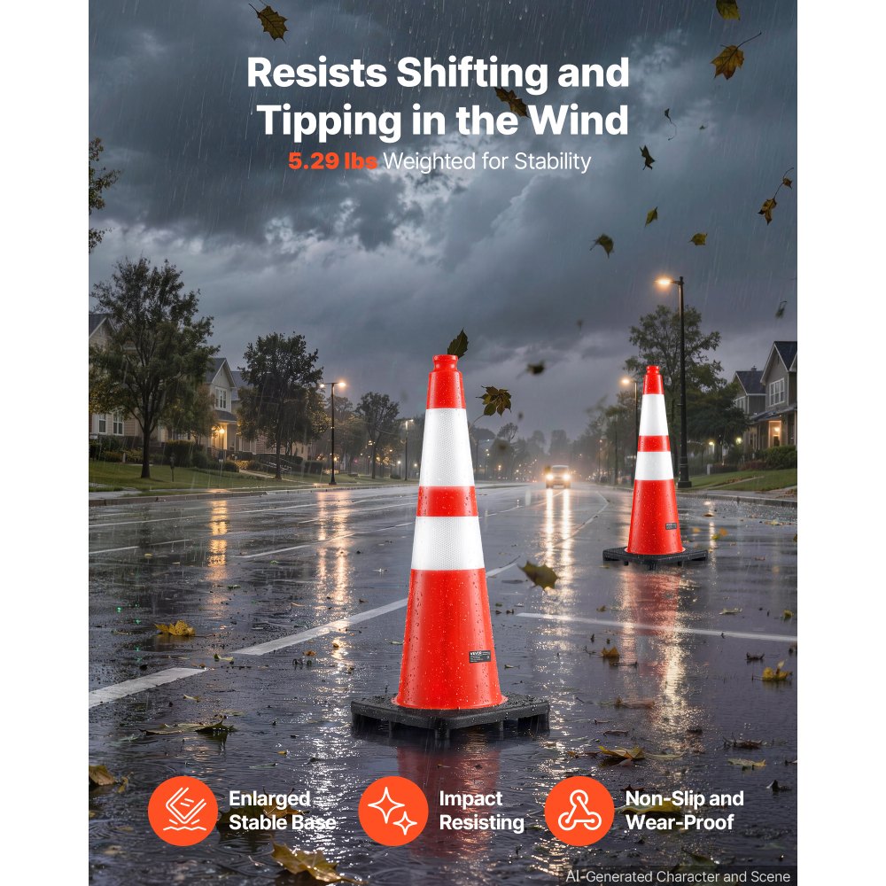 VEVOR Traffic Safety Cones 4 Pack 28 Inch Flexible PVC Orange Traffic Cones, For Accident or Construction Warning, with Weighted Black Base, Reflective Collar Visible at Night, Heavy Duty, Easy Storage