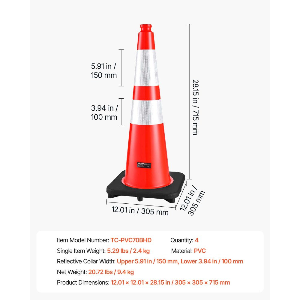 VEVOR Traffic Safety Cones 4 Pack 28 Inch Flexible PVC Orange Traffic Cones, For Accident or Construction Warning, with Weighted Black Base, Reflective Collar Visible at Night, Heavy Duty, Easy Storage