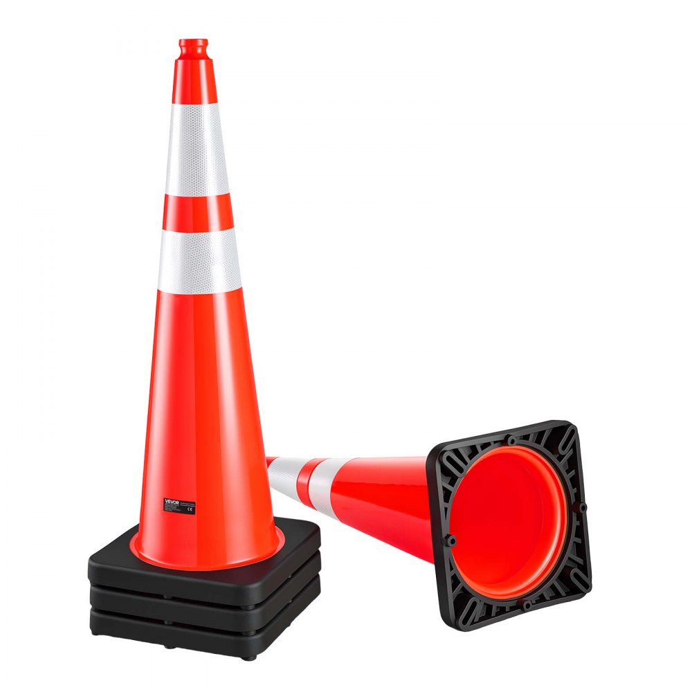 VEVOR Traffic Safety Cones 4 Pack 36 Inch Flexible PVC Orange Traffic Cones, For Highway Warning or Traffic Control, Weighted Black Base, Reflective Collar Visible at Night, Heavy Duty, Easy Storage