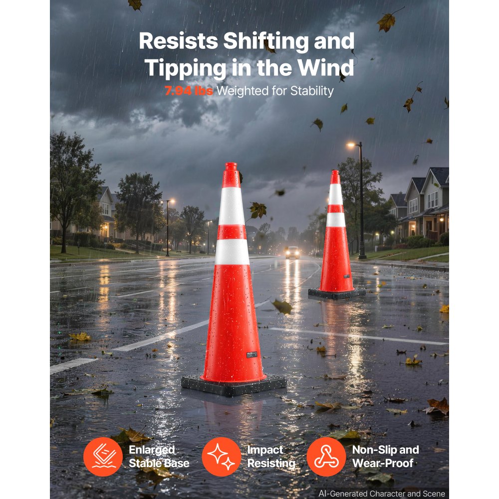 VEVOR Traffic Safety Cones 8 Pack 36 Inch Flexible PVC Orange Traffic Cones, For Highway Warning or Traffic Control, Weighted Black Base, Reflective Collar Visible at Night, Heavy Duty, Easy Storage