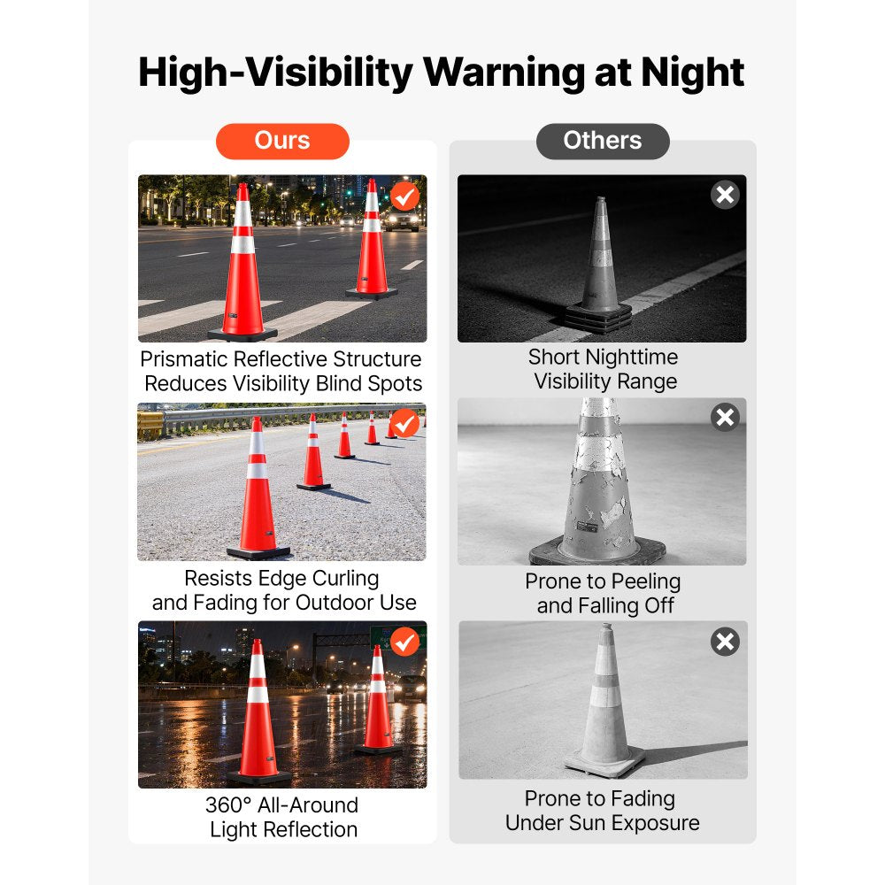 VEVOR Traffic Safety Cones 8 Pack 36 Inch Flexible PVC Orange Traffic Cones, For Highway Warning or Traffic Control, Weighted Black Base, Reflective Collar Visible at Night, Heavy Duty, Easy Storage