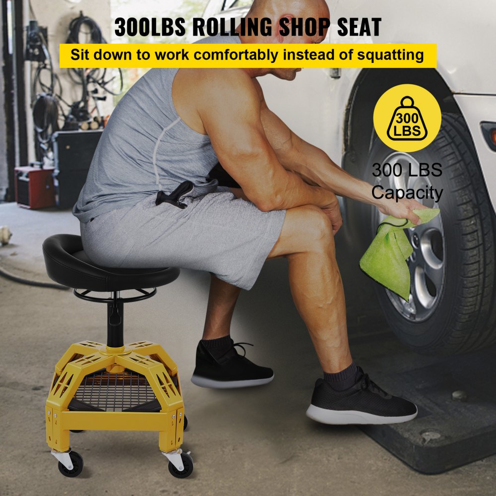 VEVOR Rolling Garage Stool, 300LBS Capacity, Adjustable Height from 24 in to 28.7 in, Mechanic Seat with 360-degree Swivel Wheels and Tool Tray, for Workshop, Auto Repair Shop, Yellow