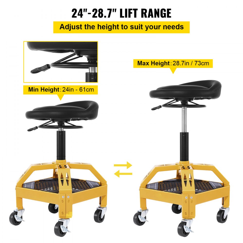 VEVOR Rolling Garage Stool, 300LBS Capacity, Adjustable Height from 24 in to 28.7 in, Mechanic Seat with 360-degree Swivel Wheels and Tool Tray, for Workshop, Auto Repair Shop, Yellow
