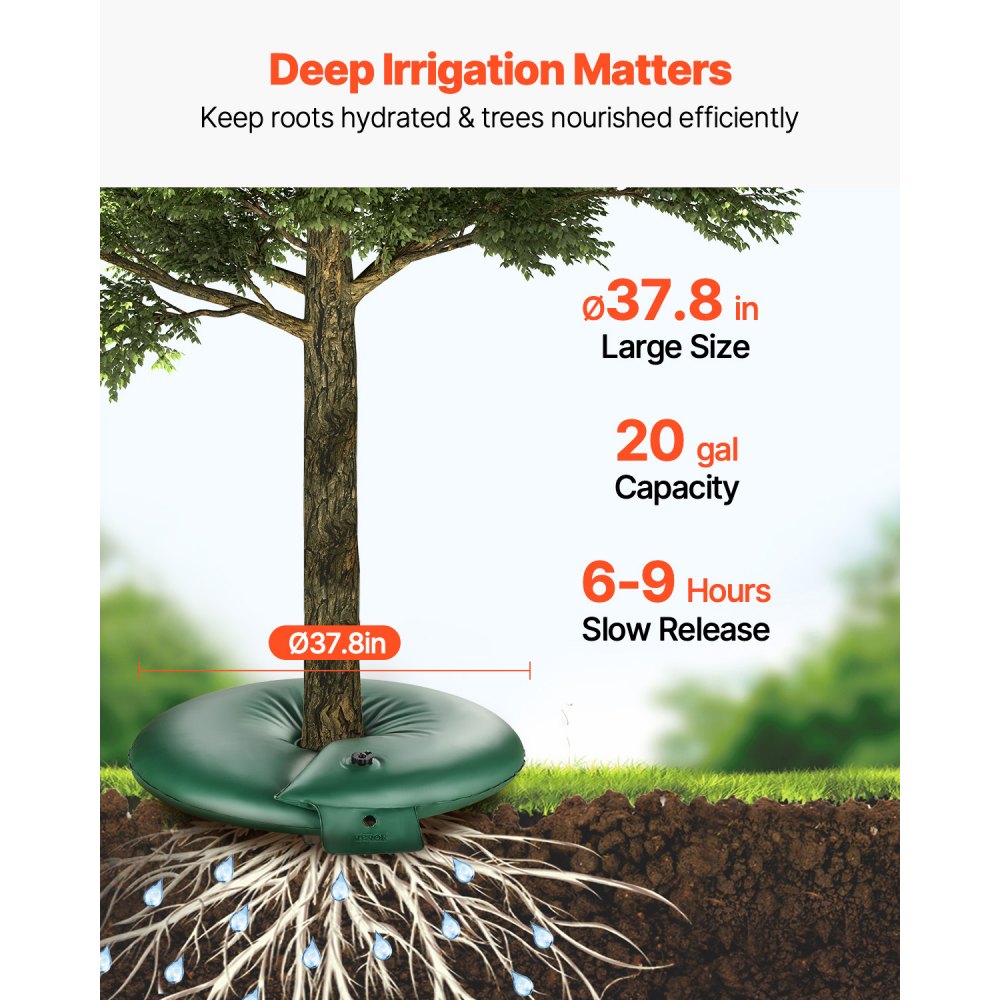 VEVOR Tree Watering Rings, 4 Pcs 20 Gallons Tree Watering Bags, 6-9 Hours Slow Release, Refillable Planting Water Bags, Water Saving, Heavy Duty Watering System for Shrub Tree Root Drip Irrigation