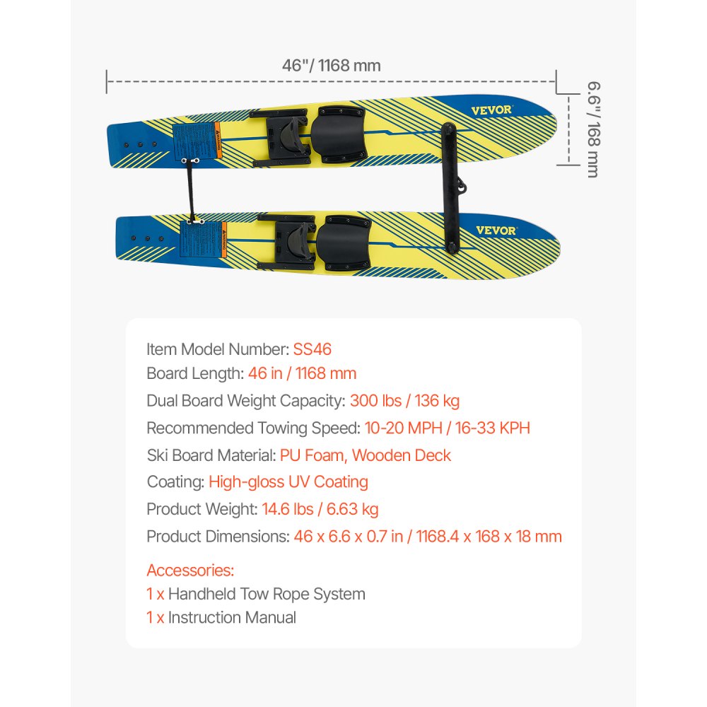 VEVOR 46" Water Skis, Kids Water Ski Trainers with X-7 Adjustable Bindings, Double-Handle Rope & Removable Stabilizing Bar, Training Waterskis Combo for Kids Youth Up to 300 lbs