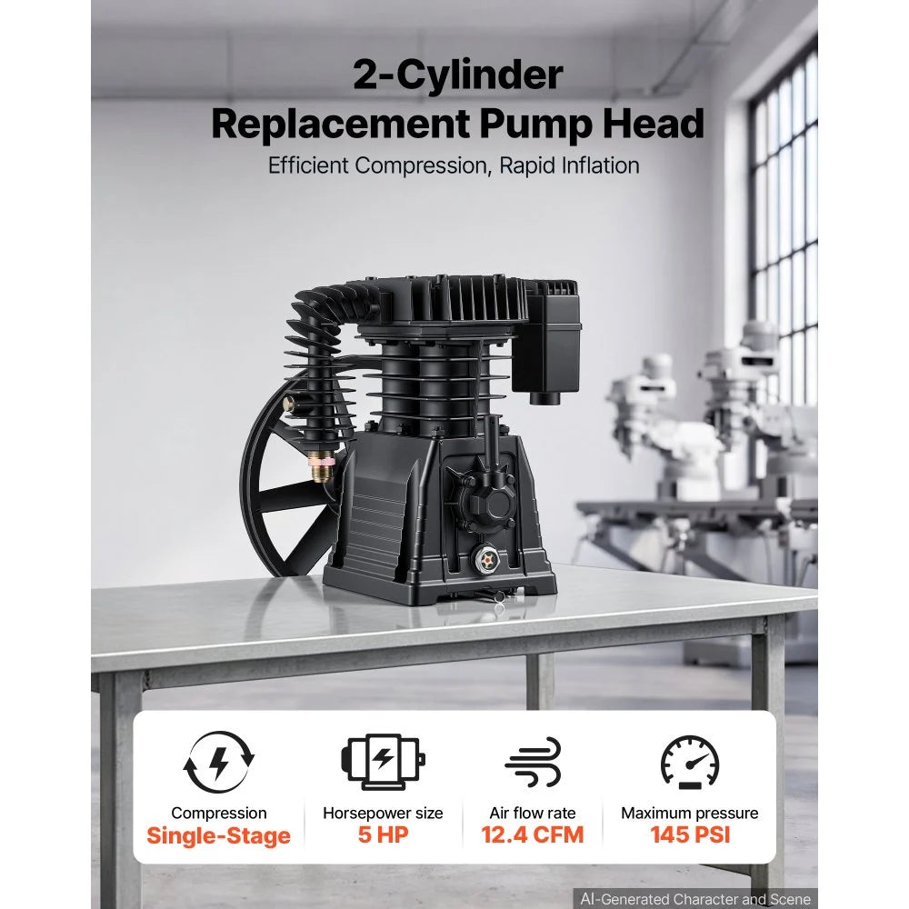 VEVOR Air Compressor Pump Head, 5HP 12.4CFM, Twin-Cylinder Oil Lubricated Air Compressor Piston Pump Head, Single Stage Cast Iron Replacement Head with Max 145PSI Pressure for Woodworking Auto Repair