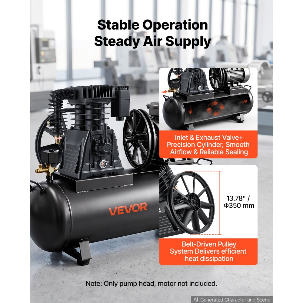 VEVOR Air Compressor Pump Head, 5HP 12.4CFM, Twin-Cylinder Oil Lubricated Air Compressor Piston Pump Head, Single Stage Cast Iron Replacement Head with Max 145PSI Pressure for Woodworking Auto Repair