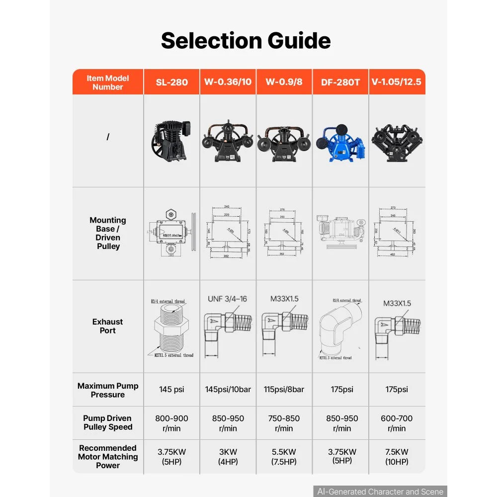 VEVOR Air Compressor Pump Head, 5HP 12.4CFM, Twin-Cylinder Oil Lubricated Air Compressor Piston Pump Head, Single Stage Cast Iron Replacement Head with Max 145PSI Pressure for Woodworking Auto Repair