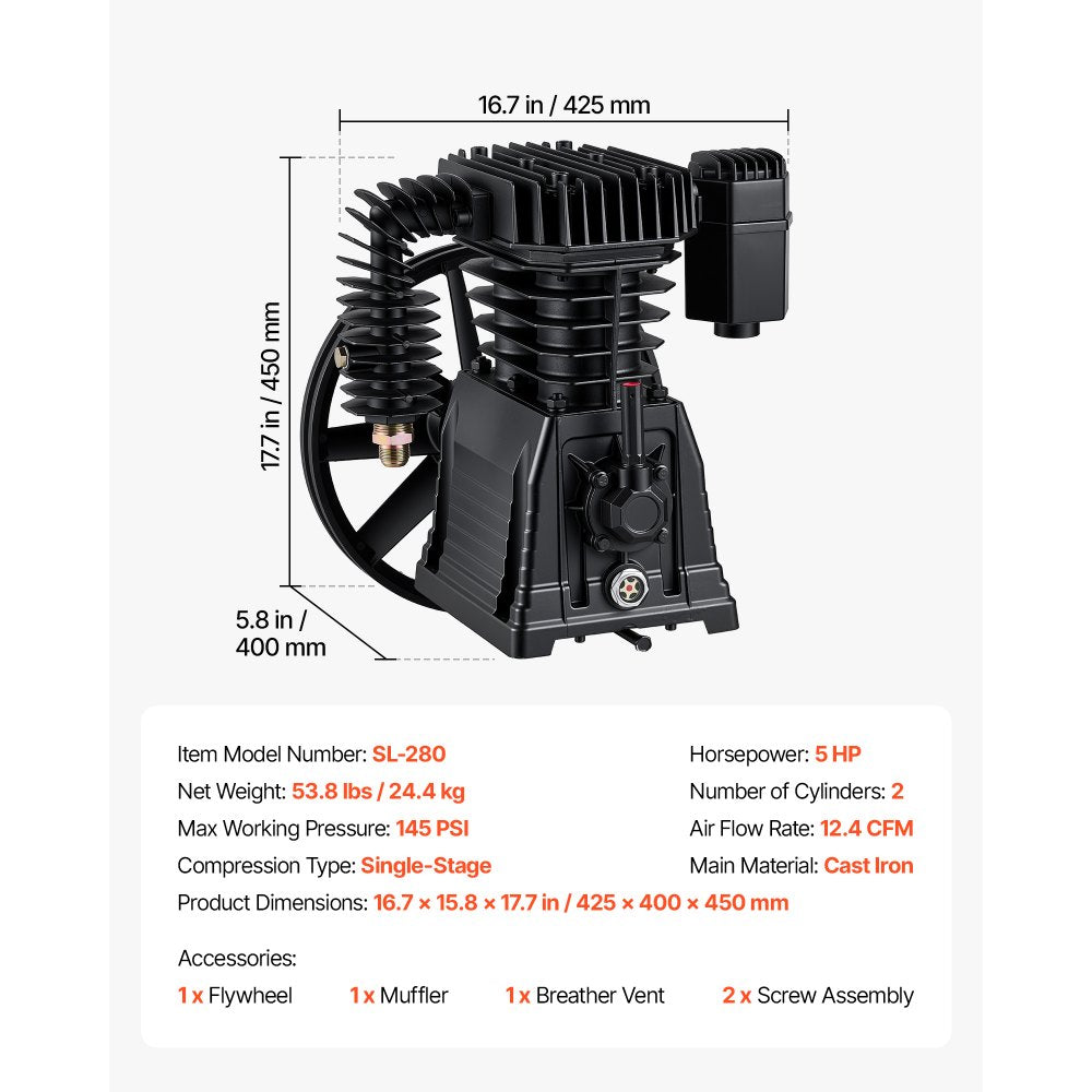 VEVOR Air Compressor Pump Head, 5HP 12.4CFM, Twin-Cylinder Oil Lubricated Air Compressor Piston Pump Head, Single Stage Cast Iron Replacement Head with Max 145PSI Pressure for Woodworking Auto Repair