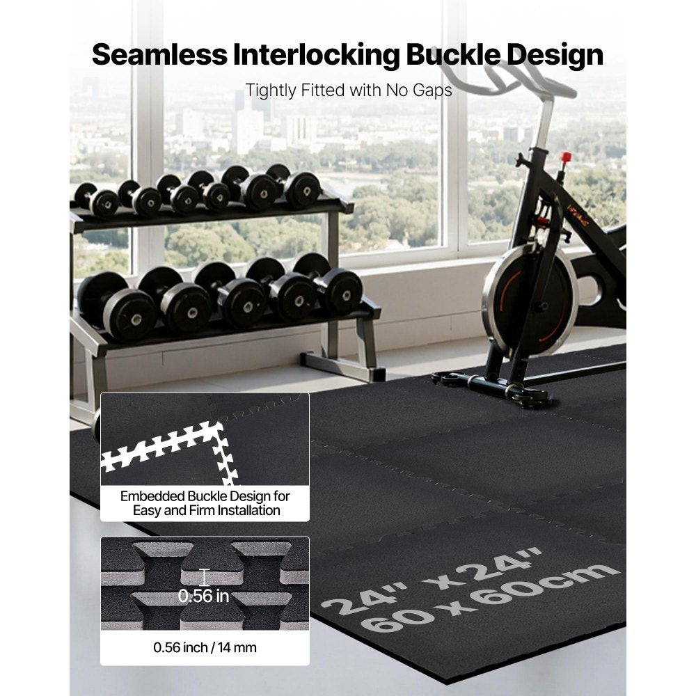 VEVOR Puzzle Exercise Mat, 24 PCS Fitness Equipment Mats, 24 x 24 x 0.56 in, High-Density EVA Foam Gym Mats Set, Interlocking Rubber Soft Tiles, Protective Floor Padding for Home, Gym, Office, Black