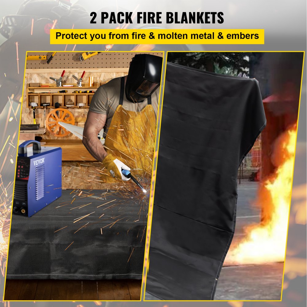 VEVOR Fire Blankets, 2 Pack Welding Blankets, 8\' x 10\' Fire Suppression Blanket, 1022°F Flame Retardant Blanket, Black Fire Emergency Blankets, Fiberglass Fire Retardant Blanket with 12 Brass Gromme